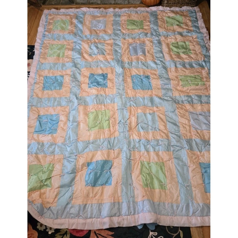 Vintage Handmade Quilt 72x89 Retro Nylon Silky Material Pastel Patchwork Blanket